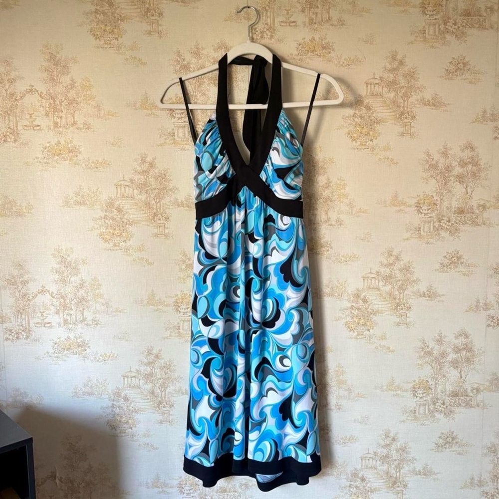 Vintage Y2K Dressbarn blue white black retro floral paisley halter mini dress